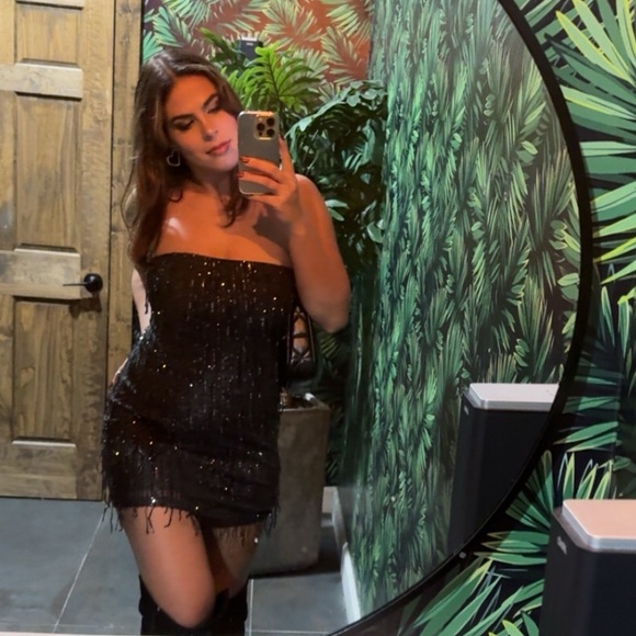 Sequin Fringe Charcoal Strapless Mini Dress (Size S) - Picture 3 of 16